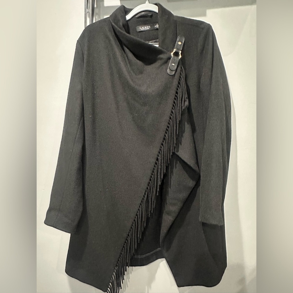 Ralph Lauren Black Fringe Draped Coat with Buckle